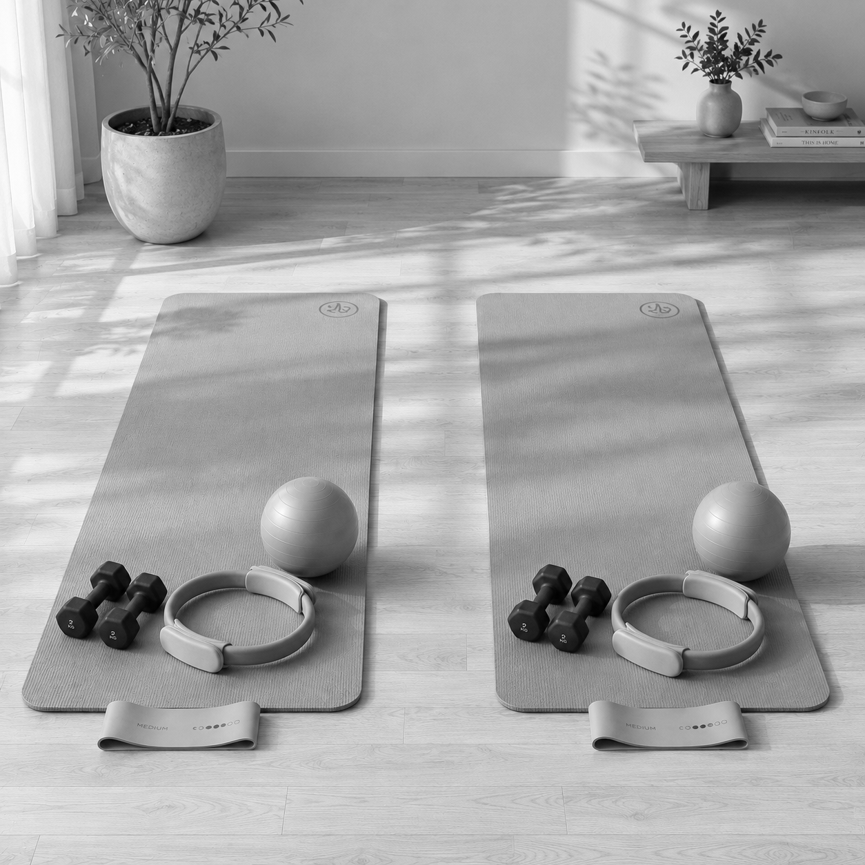 Deux tapis de yoga avec des haltères, un ballon de fitness, un cerceau de yoga, une balle de pilates et un bandeau de résistance dans une pièce lumineuse avec des plantes et une étagère.