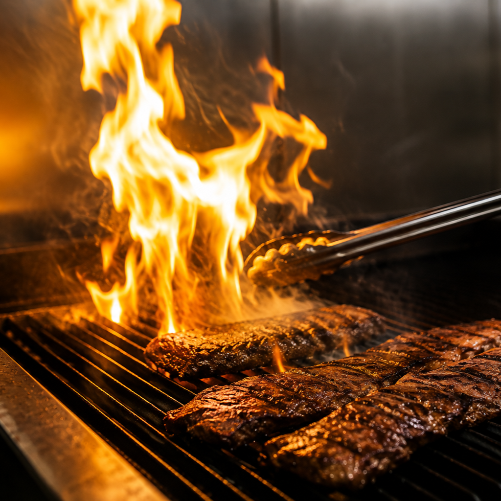 Several racks of pork ribs grilling on a barbecue, with flames rising from the fire.