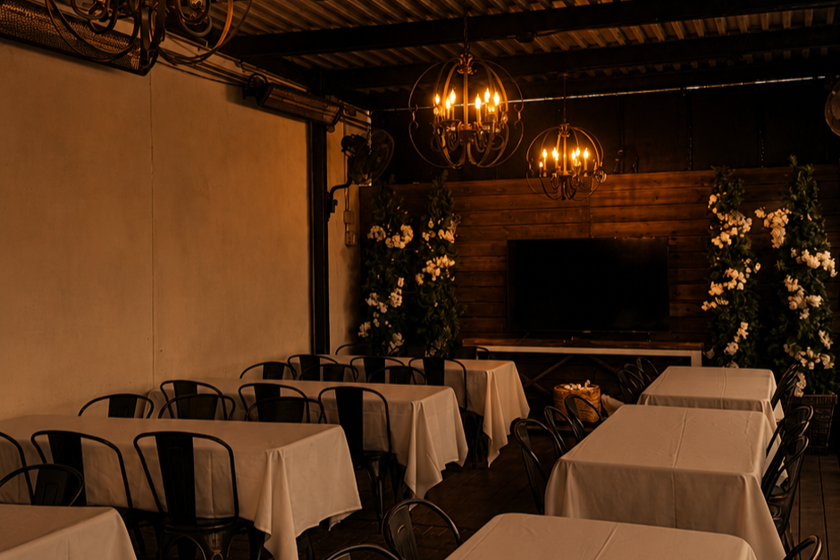 An indoor event space with tables covered in white tablecloths and black chairs, decorated with large floral arrangements and two chandeliers hanging from the ceiling.