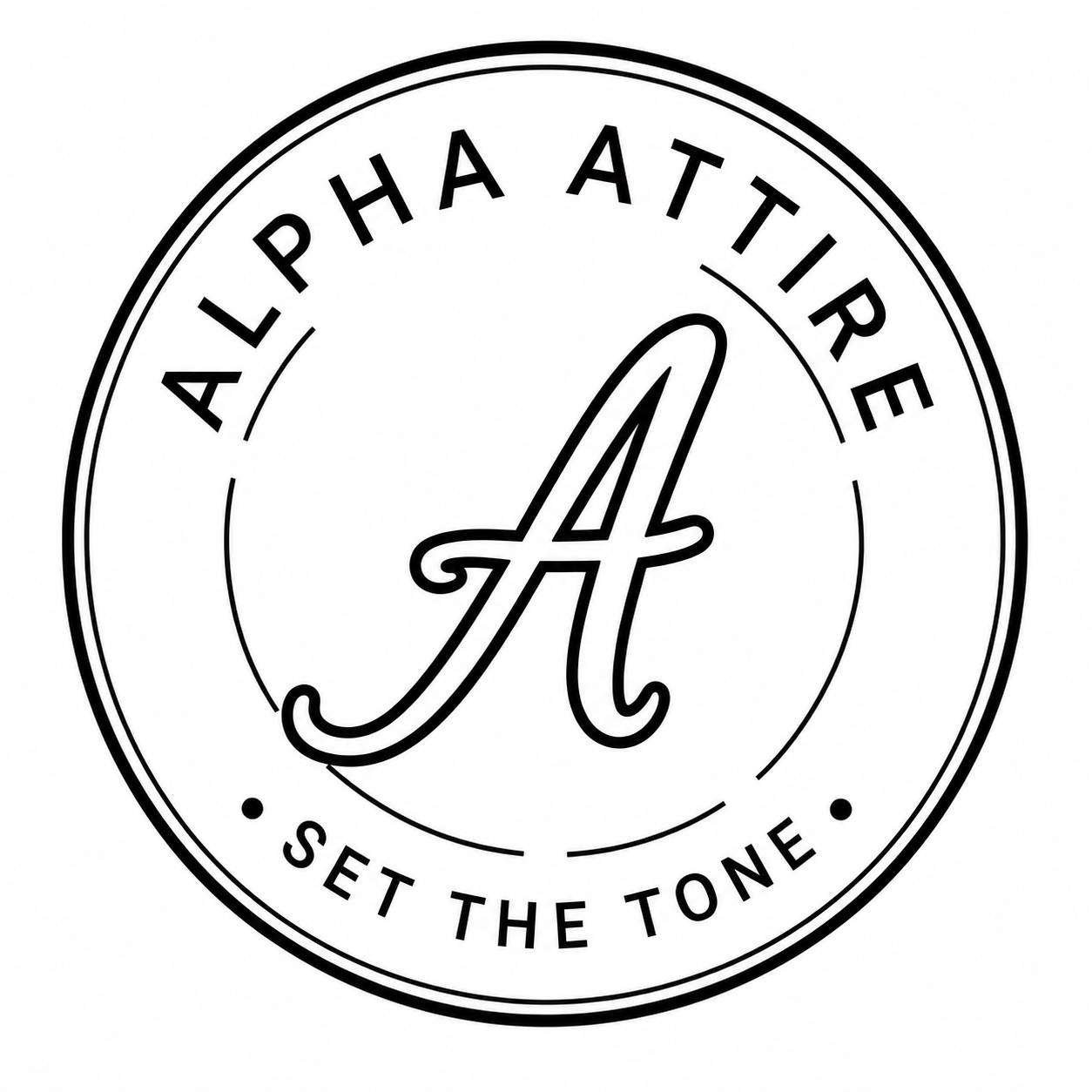 Alpha Attire logo with cursive A and Set the Tone tagline