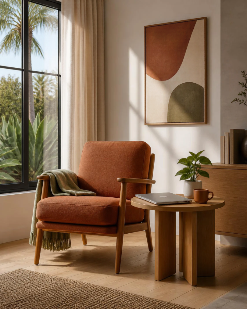 A calm, minimalist reading nook with a terracotta armchair by a sunlit window, a closed laptop and warm mug on a side table — representing the private, comfortable space for virtual therapy sessions with Gabriel Senn, LCSW.