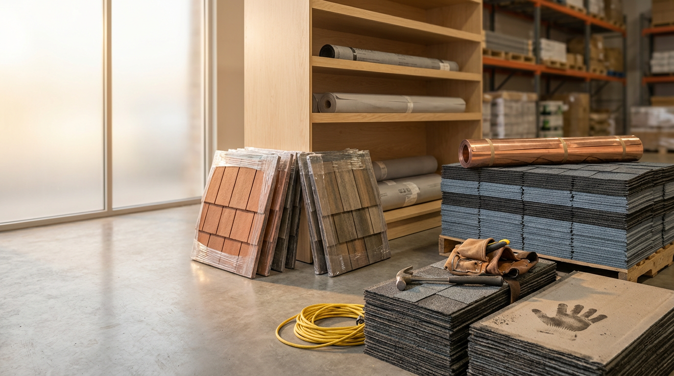 Construction materials on a concrete floor, including tile samples, copper pipe, stacks of tiles, and a tool bag with a hammer, in a warehouse or construction site.