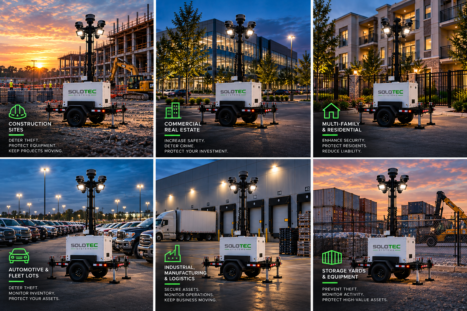 Images of a portable security camera system used for various applications including construction sites, commercial real estate, multi-family and residential areas, automotive and fleet lots, industrial manufacturing and logistics, and storage yards. Each image shows the camera system with a sunset or evening background, accompanied by icons and text describing its use for theft deterrence, safety, security, activity monitoring, and asset protection.