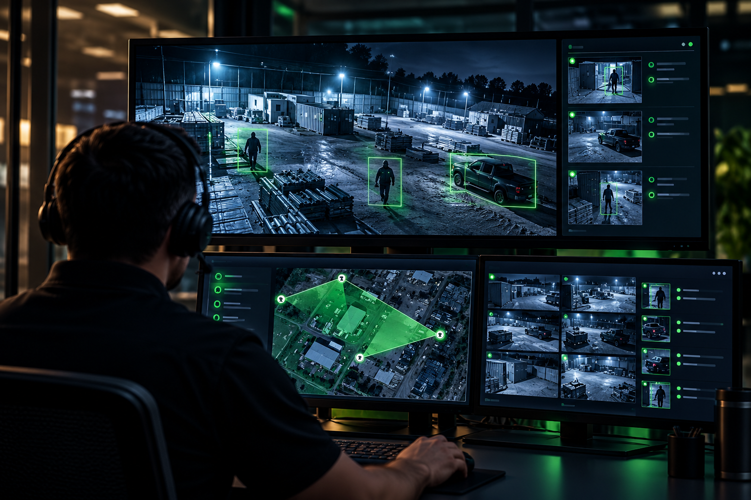 A security monitor room at night showing multiple screens with live feeds from a facility's outdoor area, each with green outlined boxes around people and vehicles for surveillance.