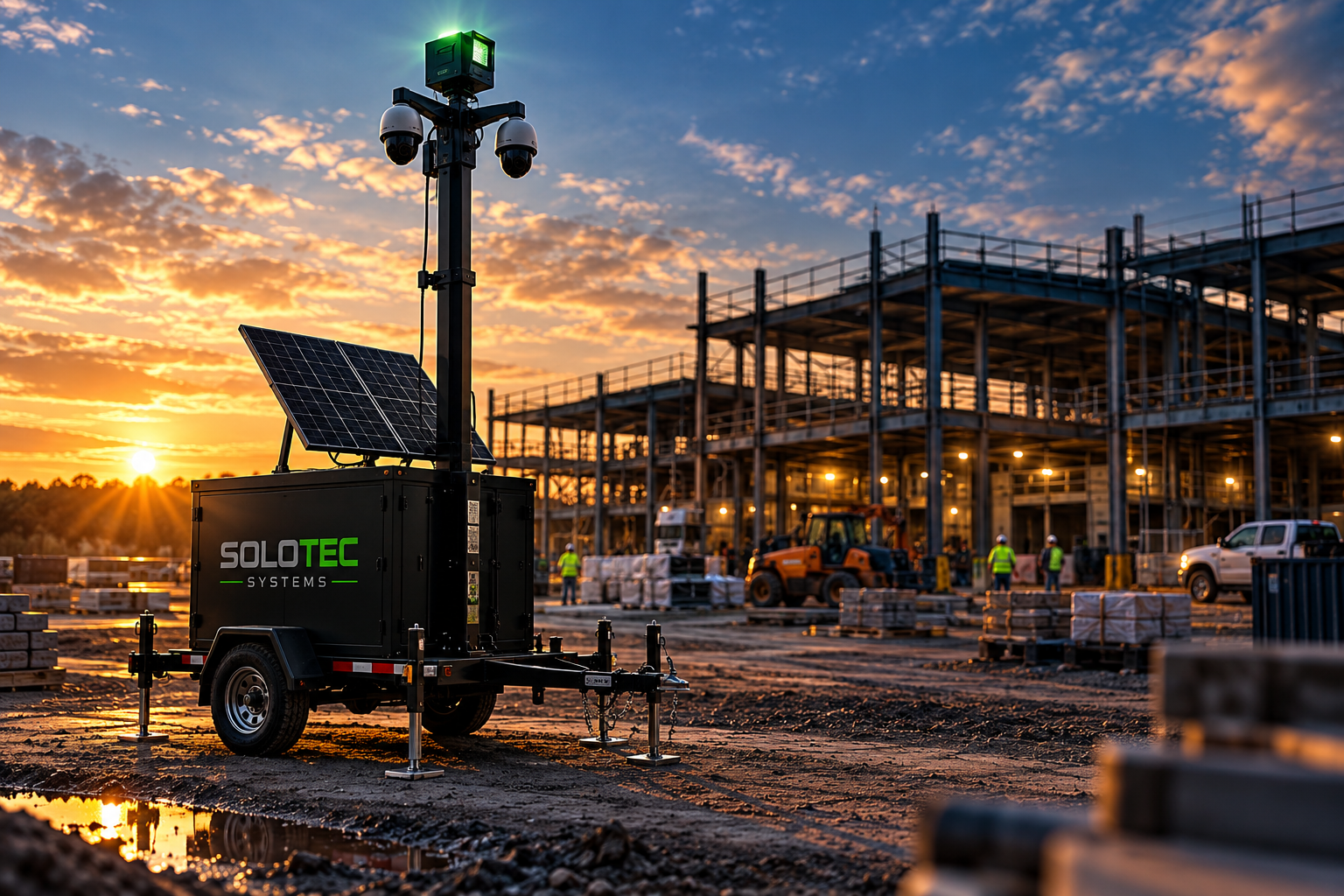 Construction site at sunset with solar-powered surveillance system in the foreground and a partially built multi-story building in the background.