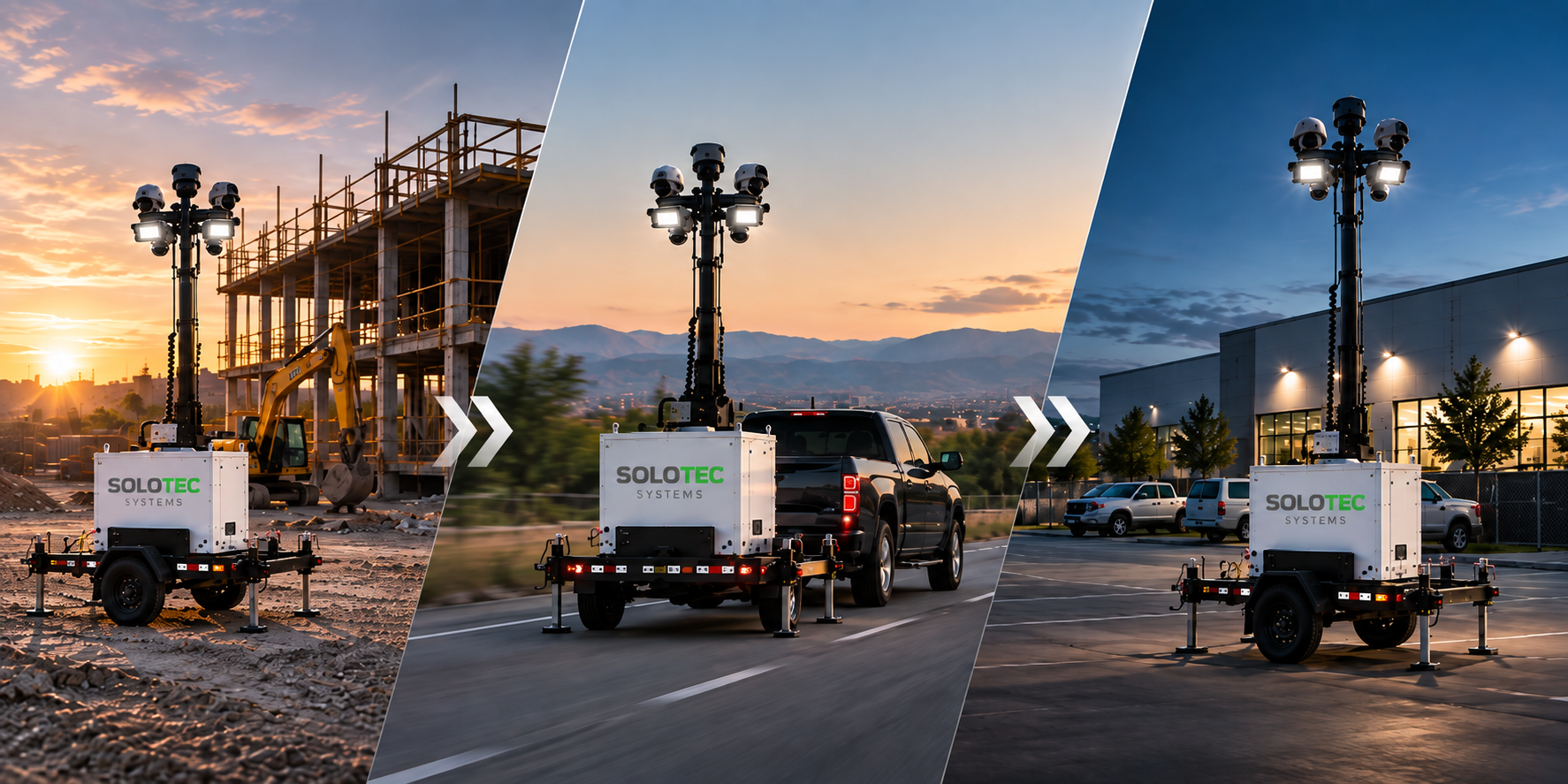 Sequence of three images showing the progression of a mobile lighting tower's deployment, from a construction site during sunset to being towed on a highway and finally set up in a parking lot at dusk, highlighting the lighting tower's use in different environments.