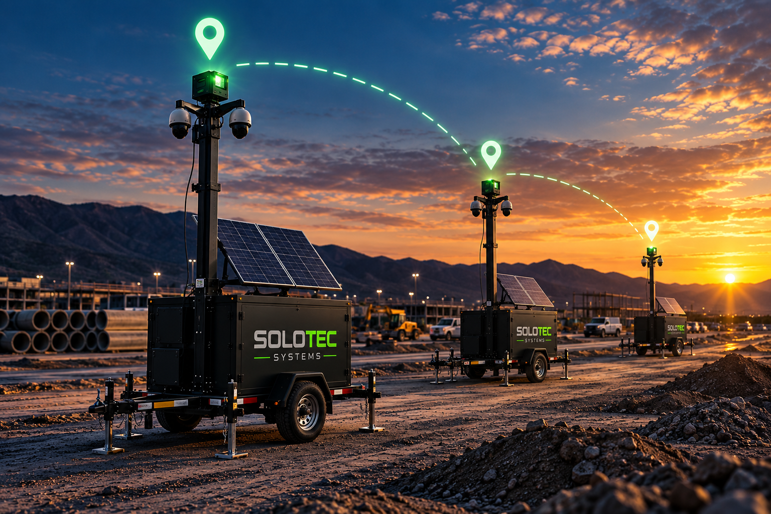 Solar-powered autonomous drones along a desert landscape at sunset, equipped with cameras and signaling technology, with mountains in the background.