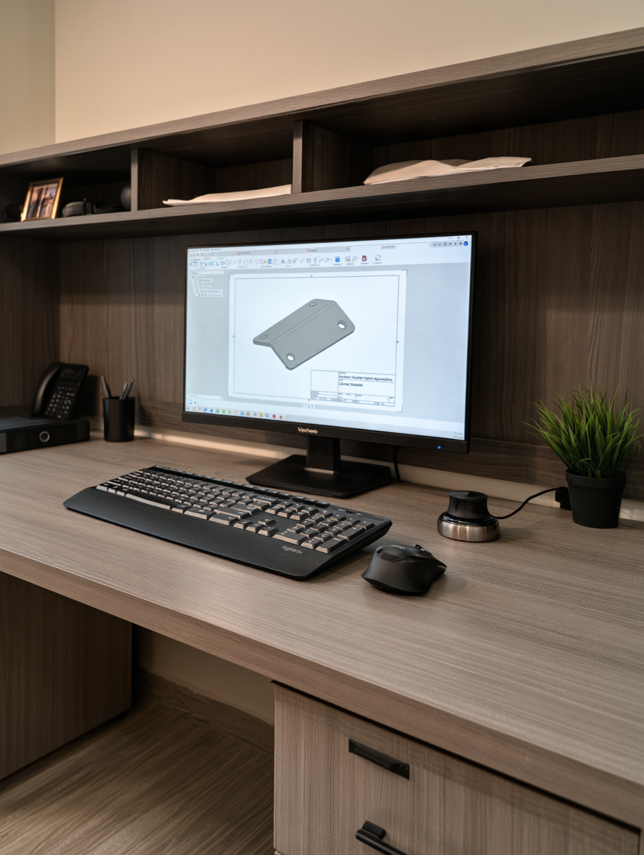 Office desk with a computer monitor displaying a technical drawing, keyboard, mouse, potted plant, and office supplies.