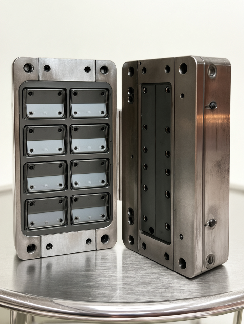 Two metal molds with cavities on a metallic surface, used for manufacturing pharmaceutical tablets or candies.