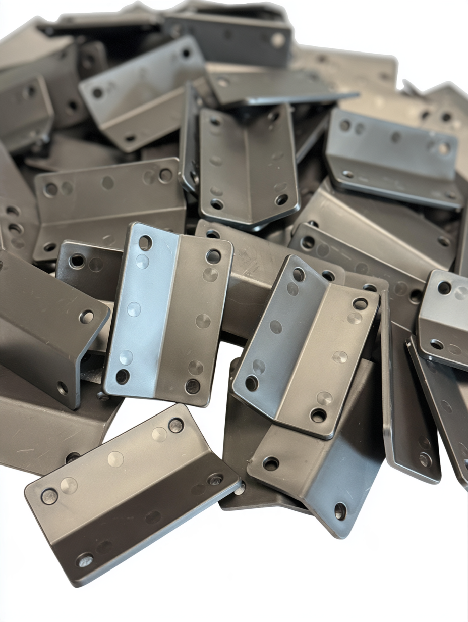 A pile of metal hinge plates with multiple screw holes, some standing upright and others laying flat.