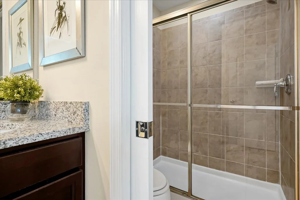 Bathroom with a shower enclosure with brown tiles, a white toilet, and a granite vanity top with a small potted plant.