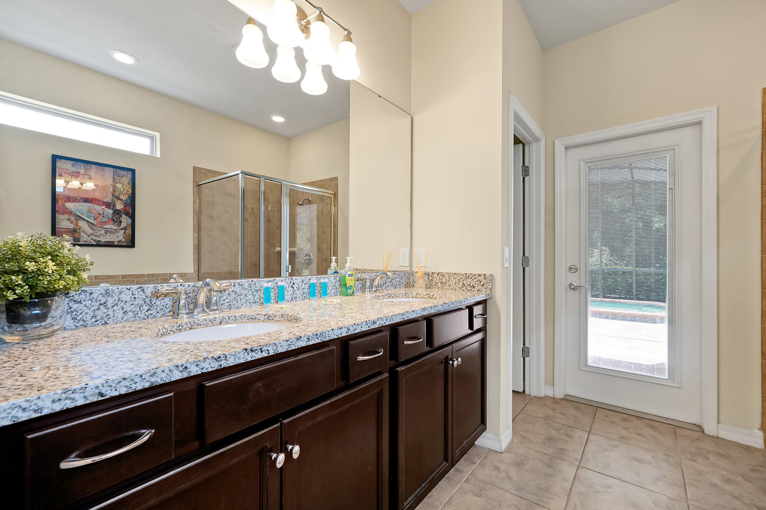Bathroom with granite countertop, dark wood cabinets, a double sink, a potted plant, and a mirror. There is a shower with a glass door, a window above, and a door with blinds leading outside. Ceiling lights and an artwork on the wall are also visible