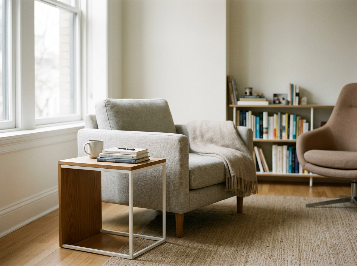 A cozy living room corner with a light gray armchair, a side table holding a mug and books, a beige throw blanket, a bookshelf filled with books, and a soft beige armchair near a window with natural light.