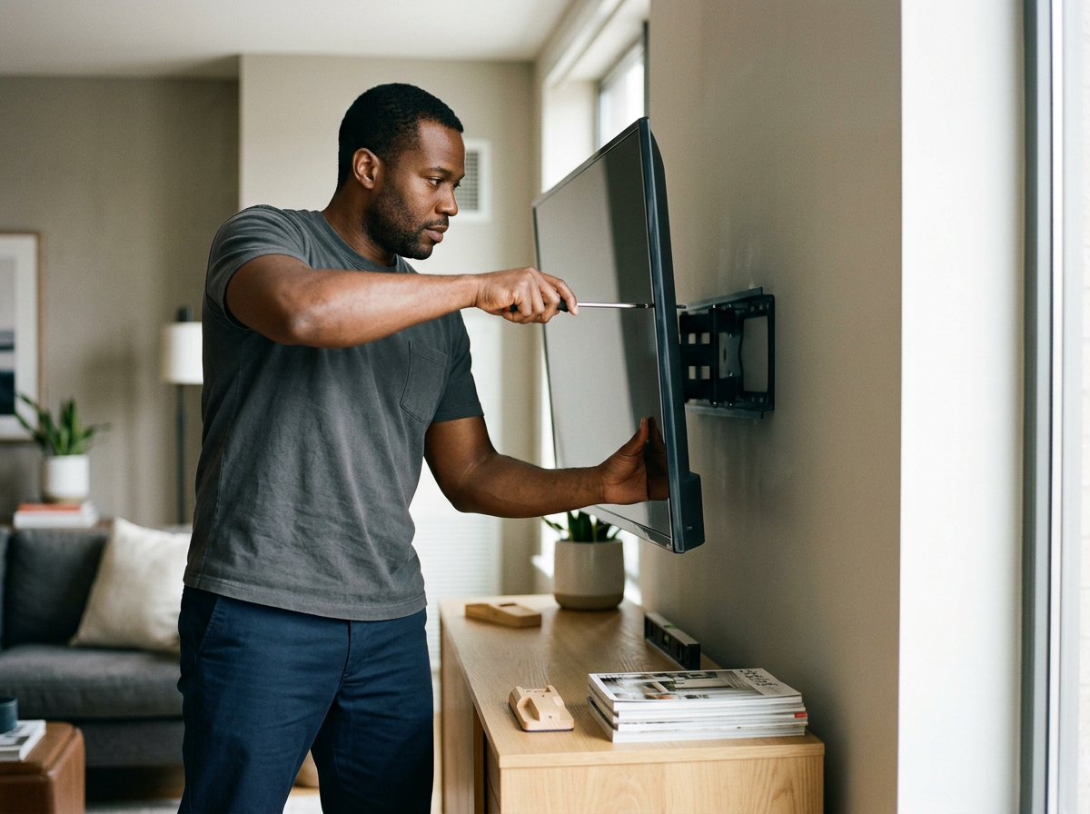 Man mounting a flat-screen TV on a wall with a screwdriver in a living room.