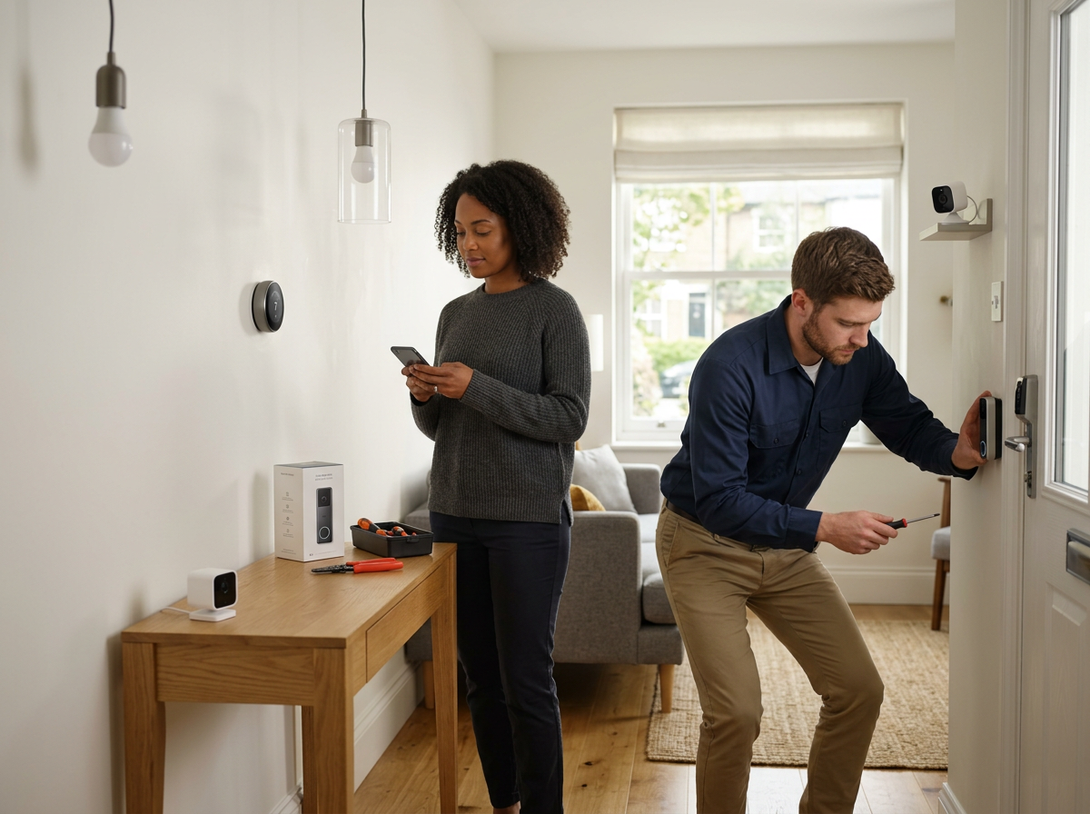 Two people setting up a home security system in a living room. The woman is looking at her phone, and the man is installing a device on the door.