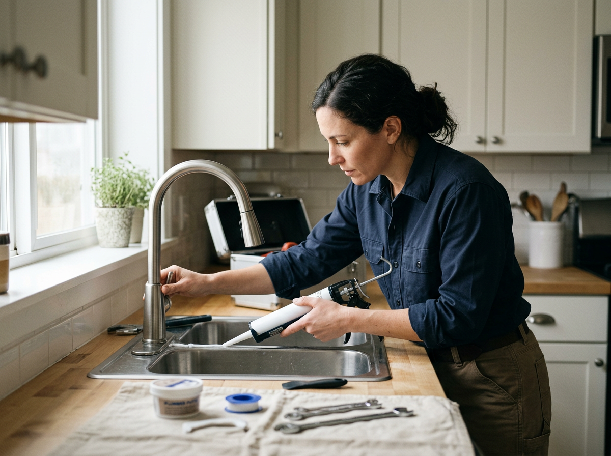 A woman working on plumbing in a kitchen, using a drain snake at the sink.