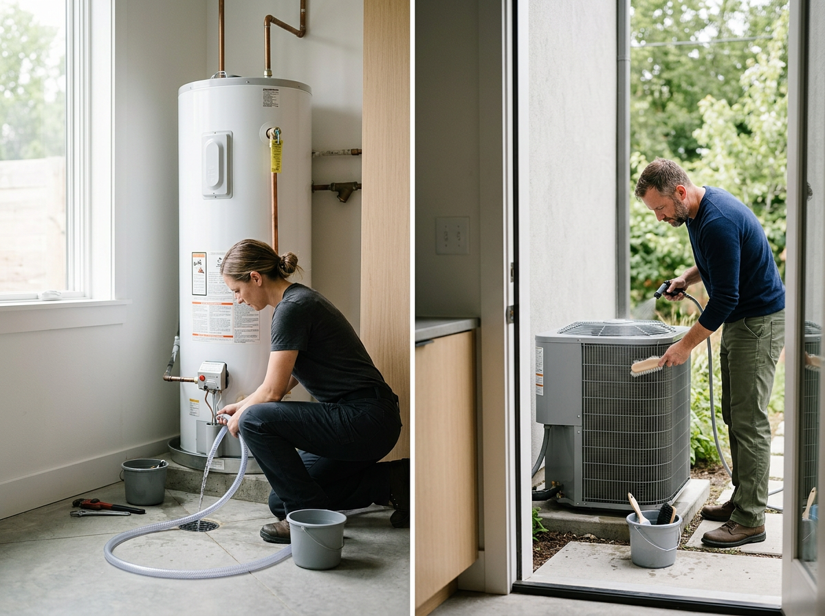 A woman fixing a water heater inside a house and a man servicing an outdoor air conditioning unit on a porch.