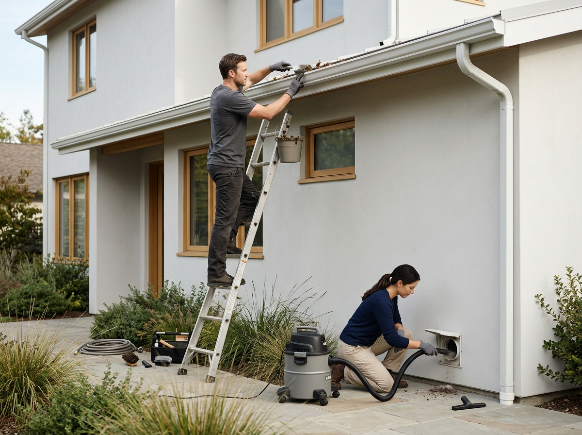 Two people cleaning a house's exterior, one on a ladder removing debris from the roof gutter, the other using a vacuum to clear an outdoor vent.
