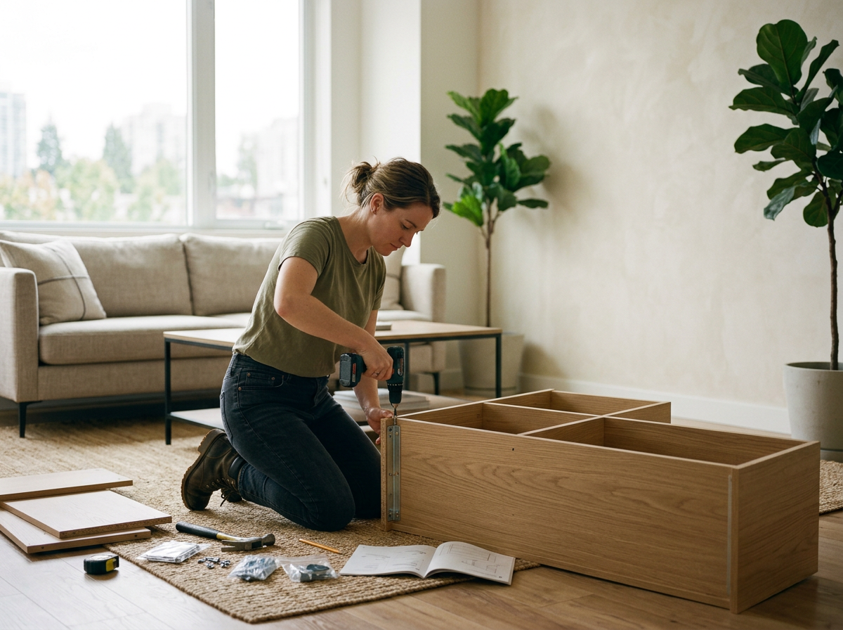 Woman assembling a wooden drawer or cabinet with a power drill in a living room with large windows, a beige sofa, and two potted plants.