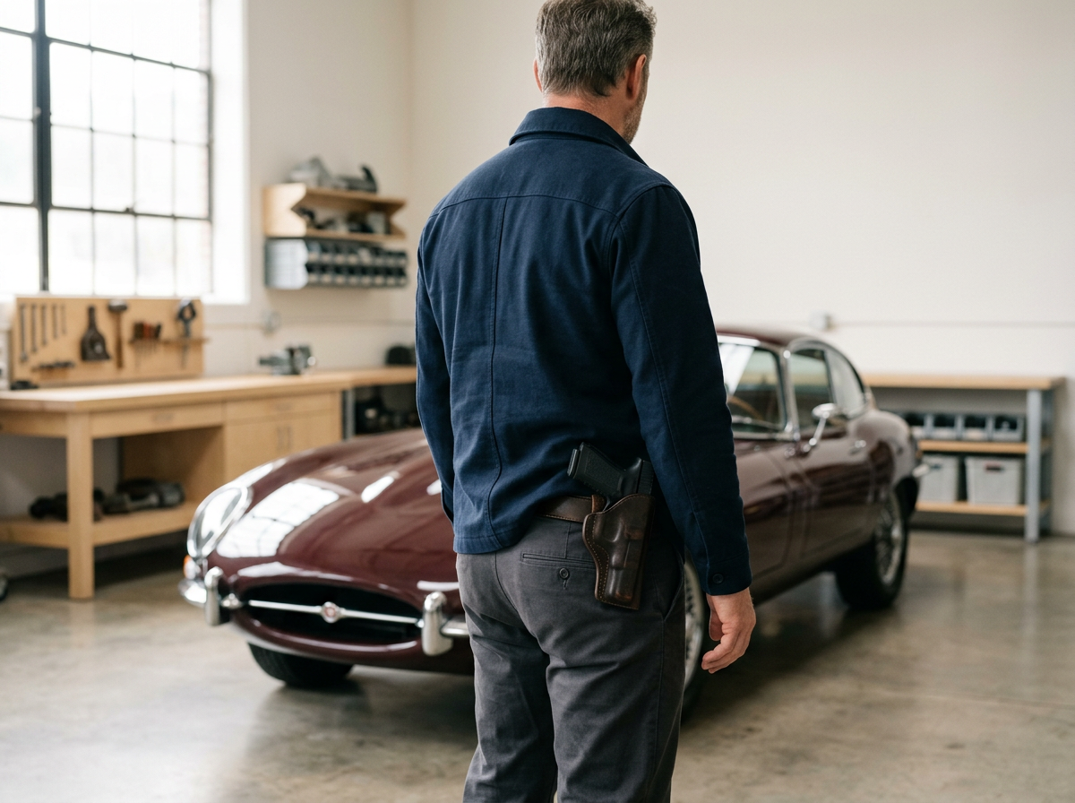A man in a blue jacket with a gun in a holster on his waist standing in a garage near a vintage maroon car.