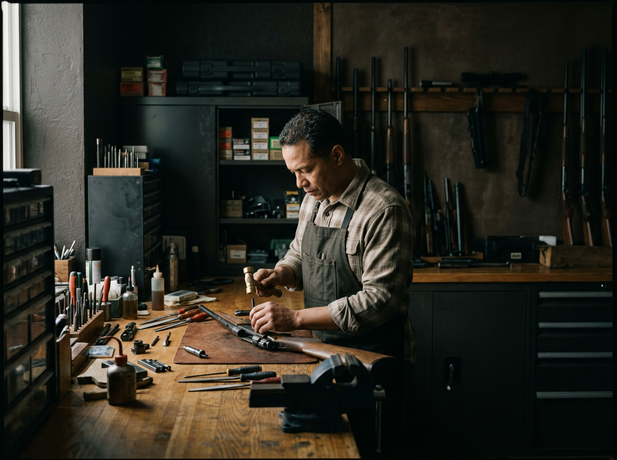 A man working in a gun repair workshop, handling a rifle on a wooden workbench surrounded by tools and gun parts.