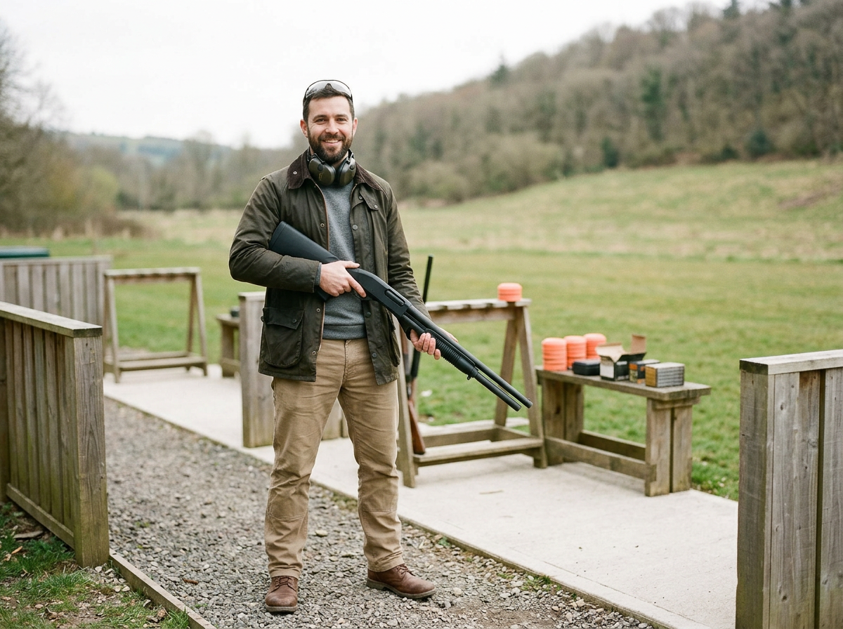 A man with a shotgun at a shooting range outdoors, smiling, wearing headphones around his neck and casual clothes, with targets and supplies in the background.