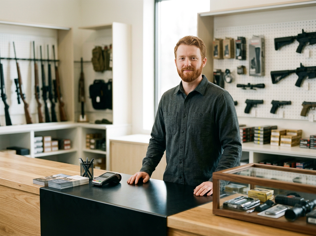 A man with red hair and a beard standing behind a store counter in a gun shop, with rifles and handguns displayed on the walls behind him.