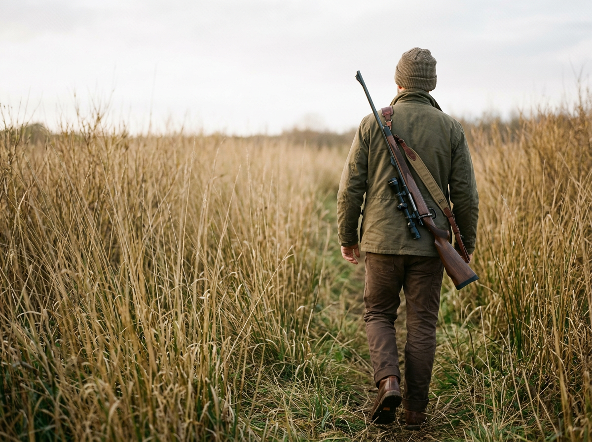 A man walking through tall, dry grass in an open field, carrying a rifle on his shoulder, dressed in outdoor hunting gear.