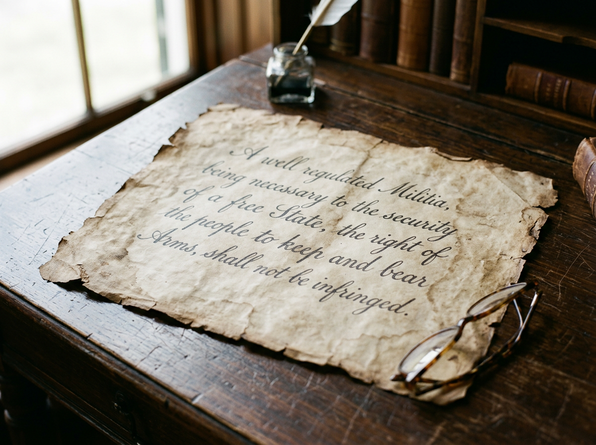 An old, torn, parchment-style document with writing on it, placed on a dark wooden desk with a pair of glasses nearby. The background shows a window with a view of greenery.