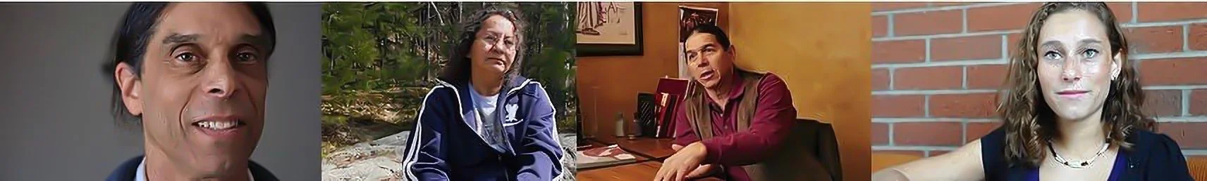 Four people in separate frames, each indoors or outdoors, with varying backgrounds. The first person is a middle-aged man with dark hair, wearing a dark blazer. The second person is a woman with long dark hair, wearing a blue jacket, outdoors with trees in the background. The third person is a man with dark hair, sitting at a desk, inside a room with framed artwork on the wall. The fourth person is a woman with curly brown hair, sitting against a brick wall, wearing a black top.