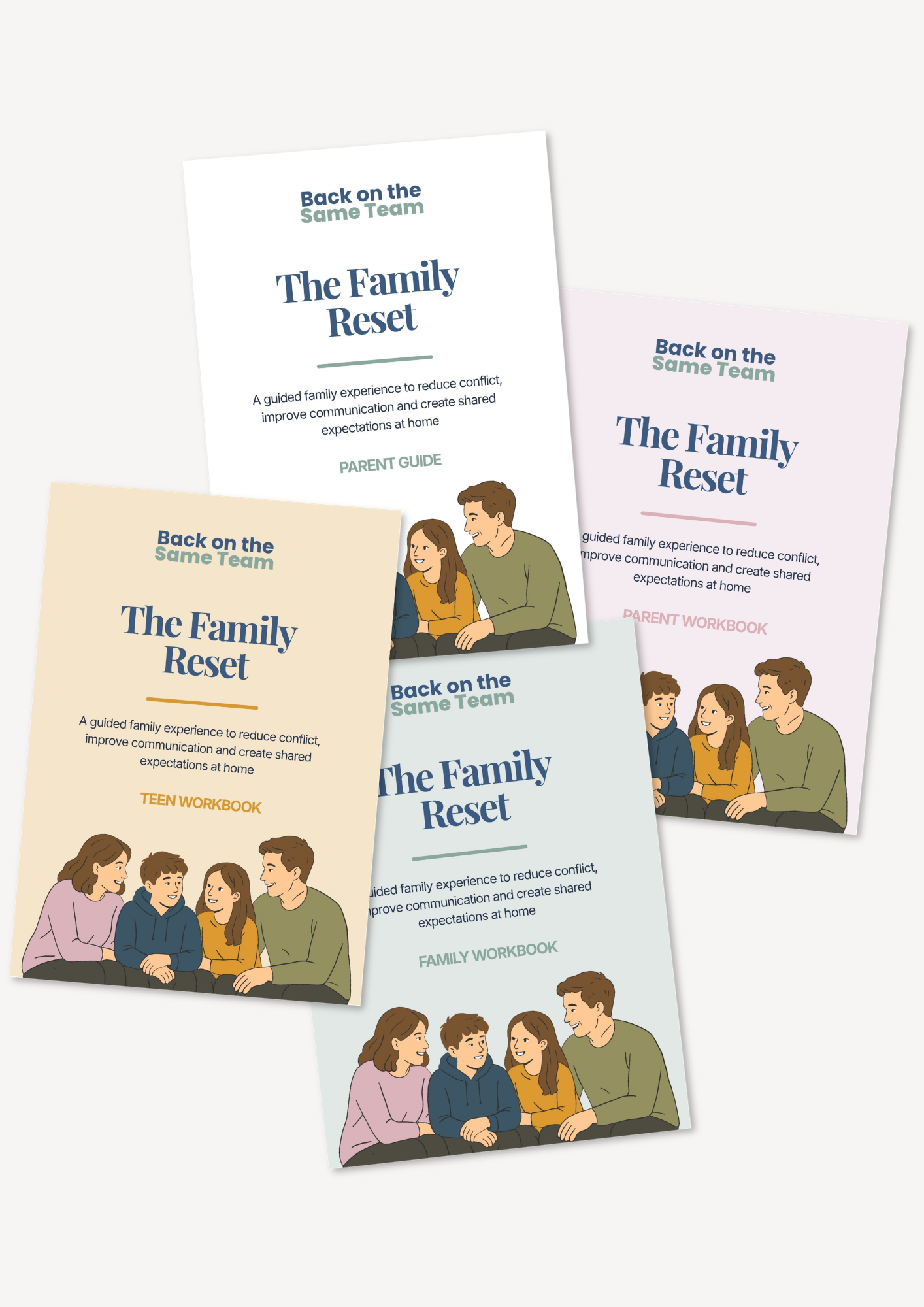Image of multiple family workbooks titled "The Family Reset" with a subtitle "Back on the Same Team." The cover features an illustration of a family of four sitting and talking, including a mother, father, teenage boy, and girl, engaging in a conversation.