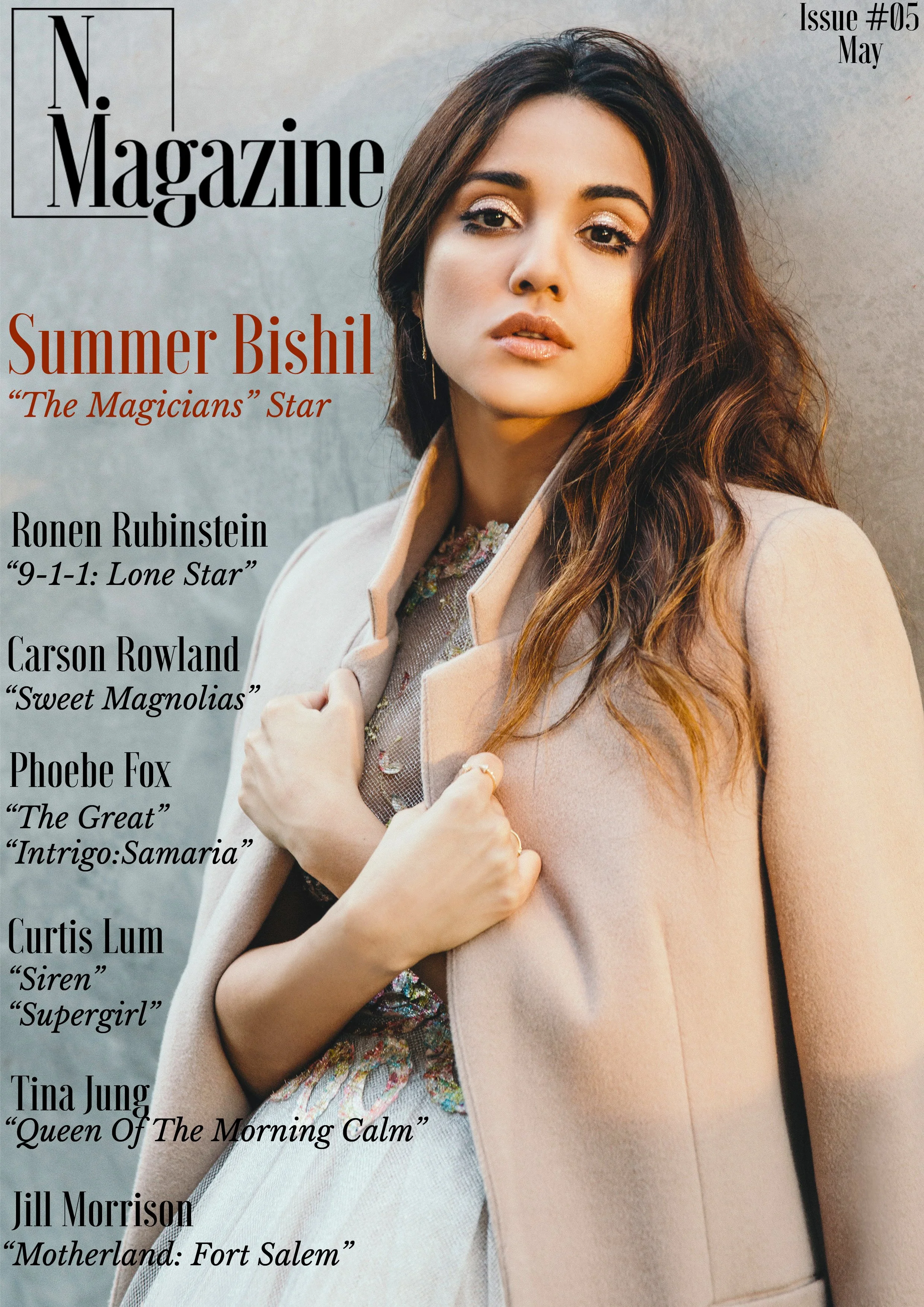 Cover of a magazine featuring a woman with long brown hair, wearing a beige coat and floral dress. The magazine is titled 'N. Magazine,' issue #05, May. Featured articles mention Summer Bishil, Ronen Rubinstein, Carson Rowland, Phoebe Fox, Curtis Lum