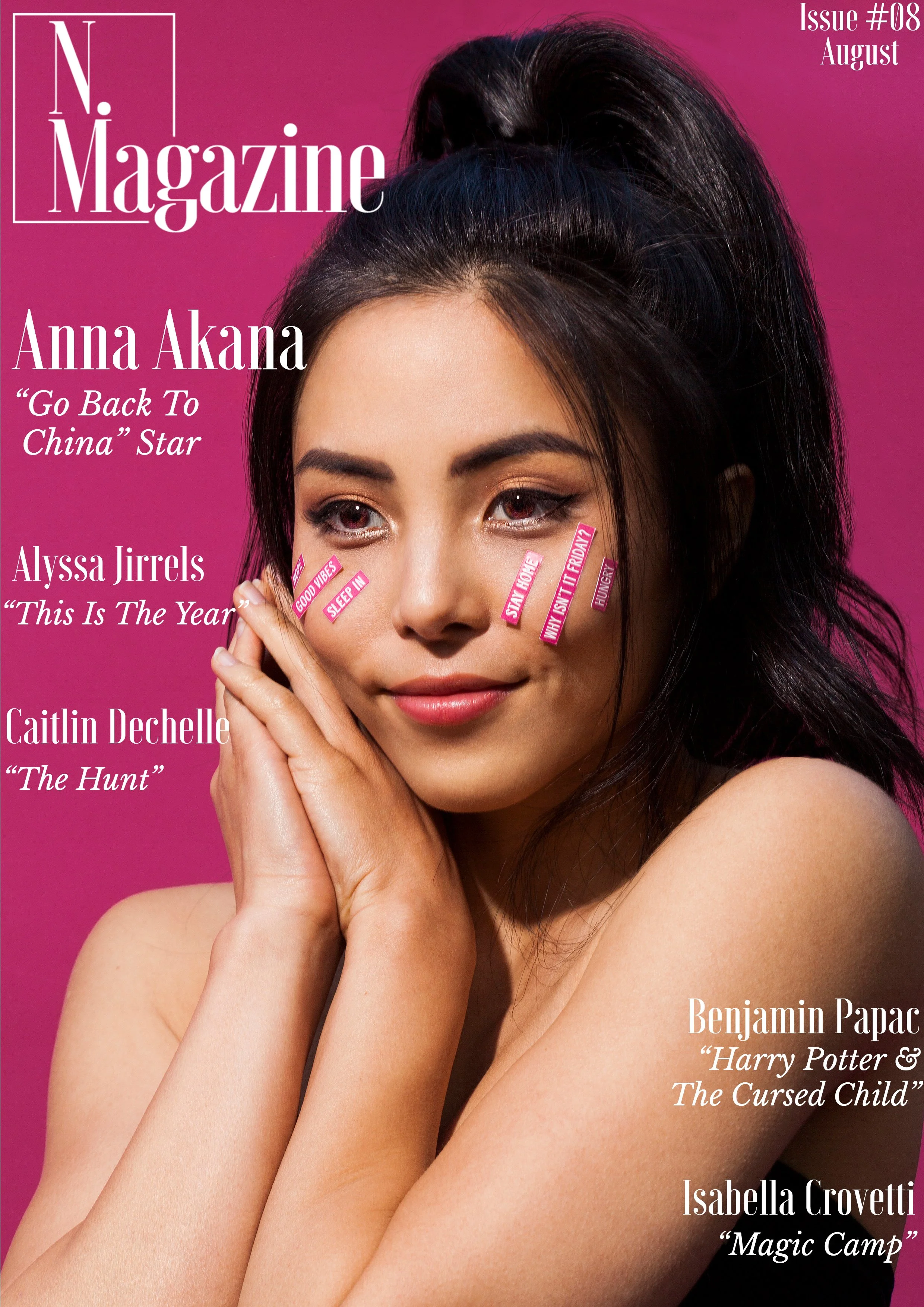 Close-up of a woman with dark hair and makeup, holding her hand near her face, with pink stickers around her eyes containing words like 'Good Vibes,' 'Sleep In,' 'Stay Home,' 'Why Isn't It Friday,' and 'Hungry,' against a pink background. Book and ma