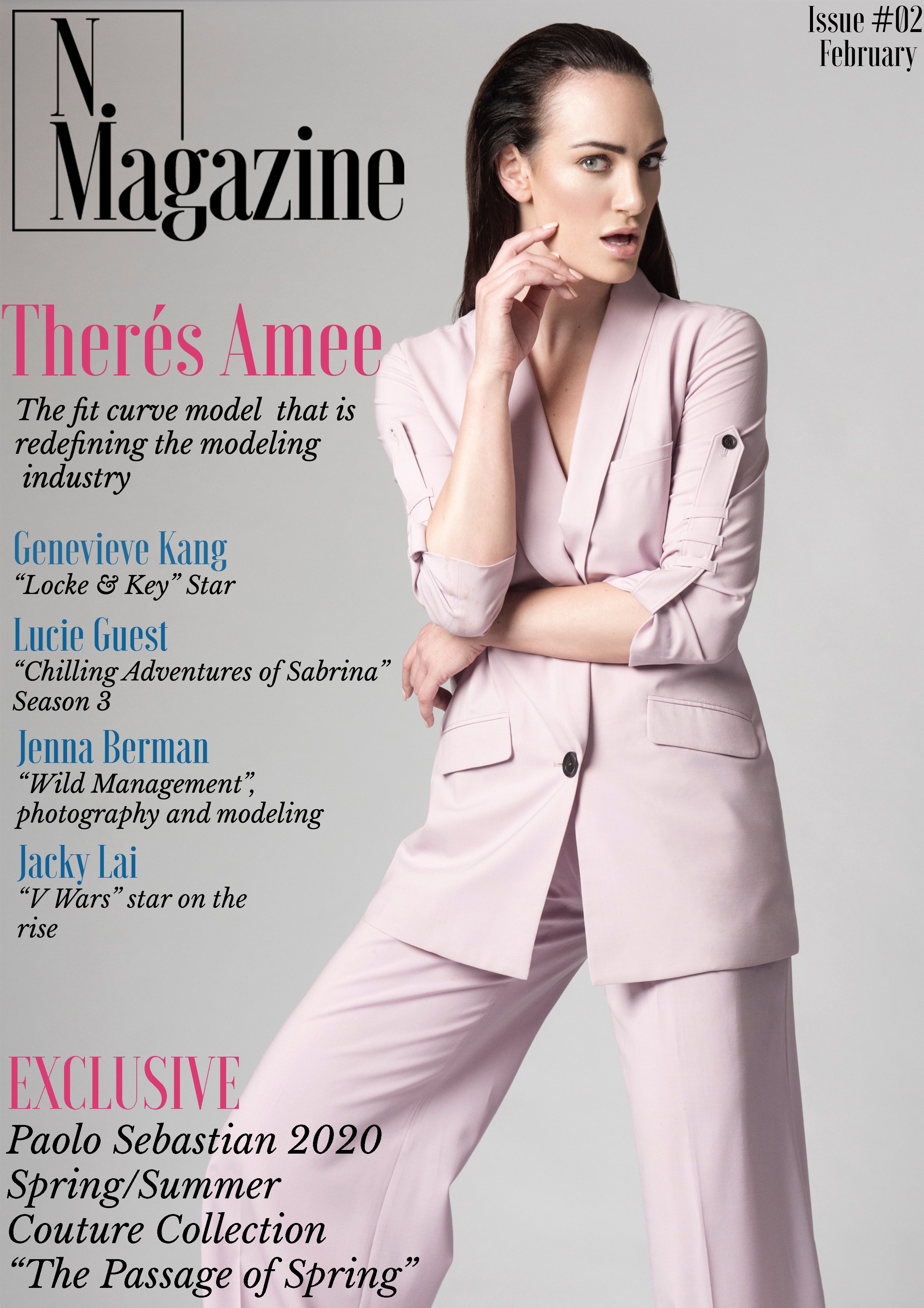Cover of N. Magazine featuring a woman in a light pink suit, with text highlighting issue number 2, February, and articles about Thérés Amee, Genevieve Kang, Lucie Guest, Jacky Lai, and Paolo Sebastian 2020 spring/summer couture collection, with some