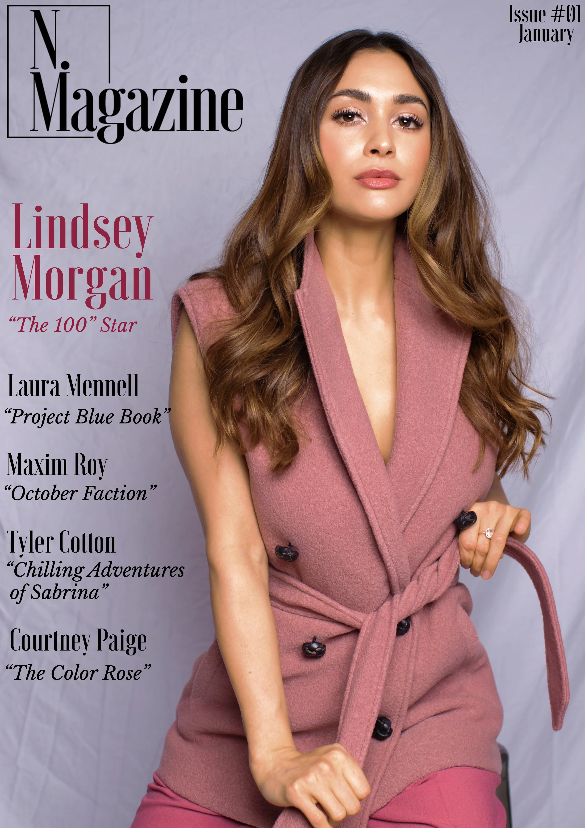 Magazine cover featuring a woman in a pink sleeveless coat with a belt, holding it with her right hand, and wearing makeup with long curly hair. The magazine title is 'N. Magazine,' issue #01, January. The cover has articles about Lindsey Morgan, Lau