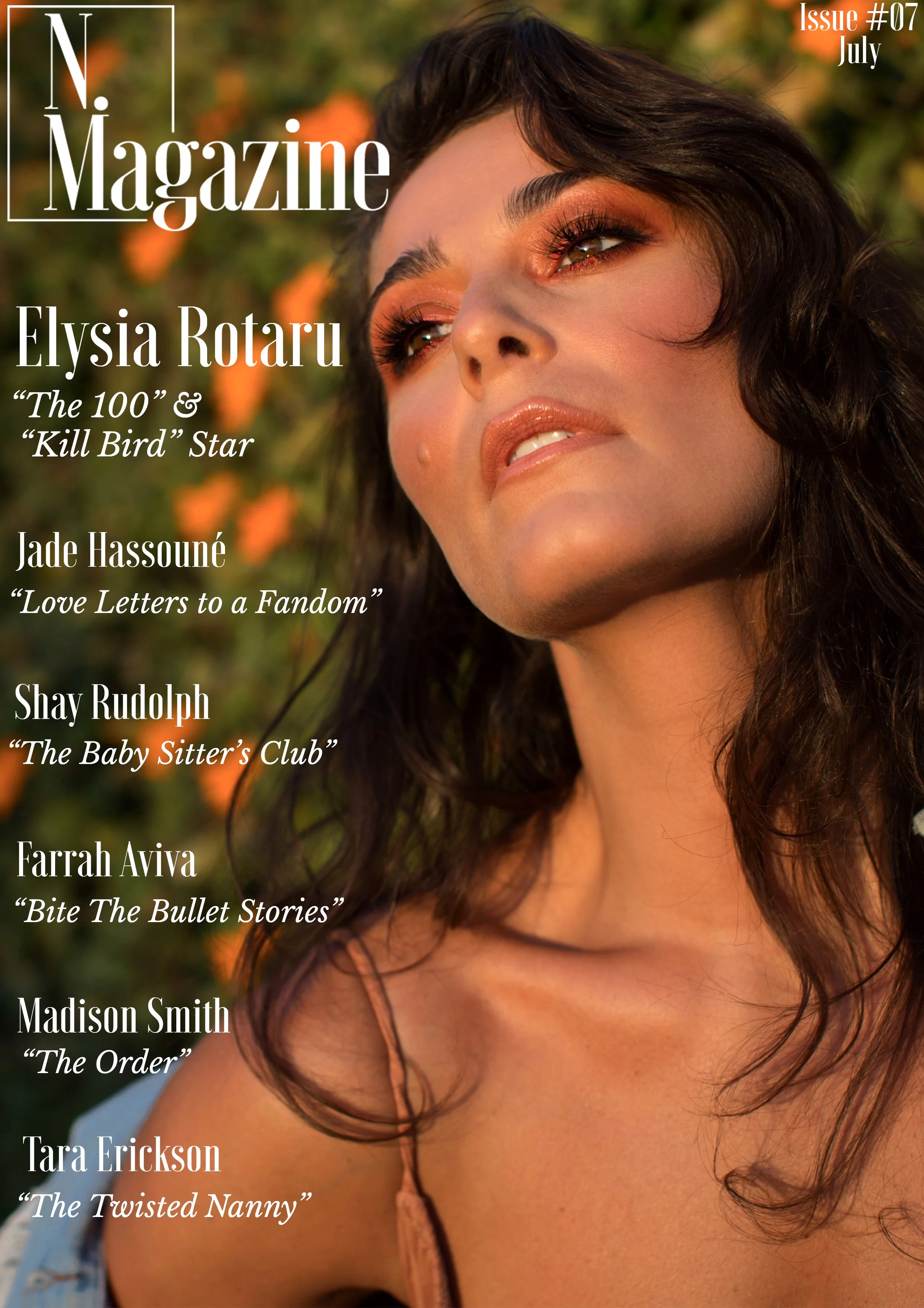 Cover of a magazine featuring a close-up of a woman with wavy dark hair and makeup, with text overlay listing names and titles of contributing creators.