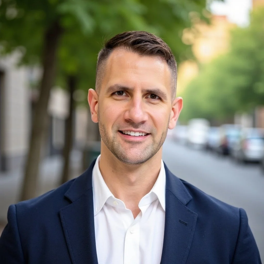 A smiling man in a navy blazer and white shirt standing outdoors on a city street with blurred trees and cars in the background.