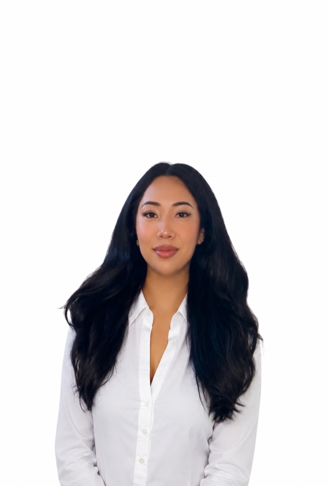 A woman with long black hair wearing a white button-up shirt against a plain white background.
