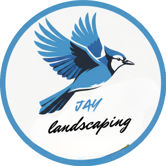 Logo featuring a blue and black bird in flight with the text 'JAY landscaping'.