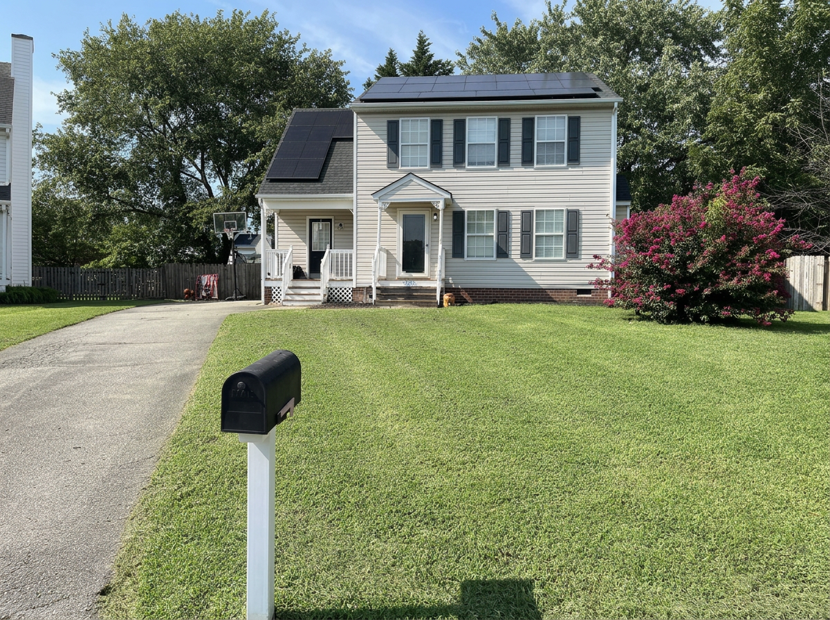 Front of a two-story house with solar panels on the roof, a front porch, and a well-maintained lawn with a flowering shrub, a mailbox, and a driveway leading to a garage at the back.