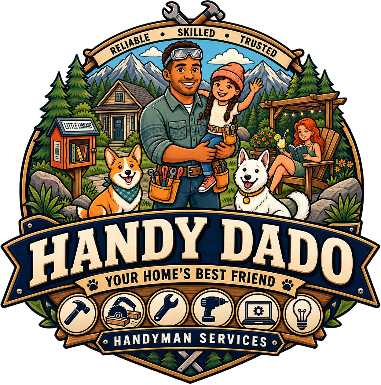Logo for 'Handy Dado' handyman services. Features a smiling man holding a young girl with pigtails, two dogs, a woman reading a book with a drink on a porch, a house, trees, mountains, a little library box, and tools icons. The text reads 'Reliable, Skilled, Trusted, Your Home's Best Friend'.