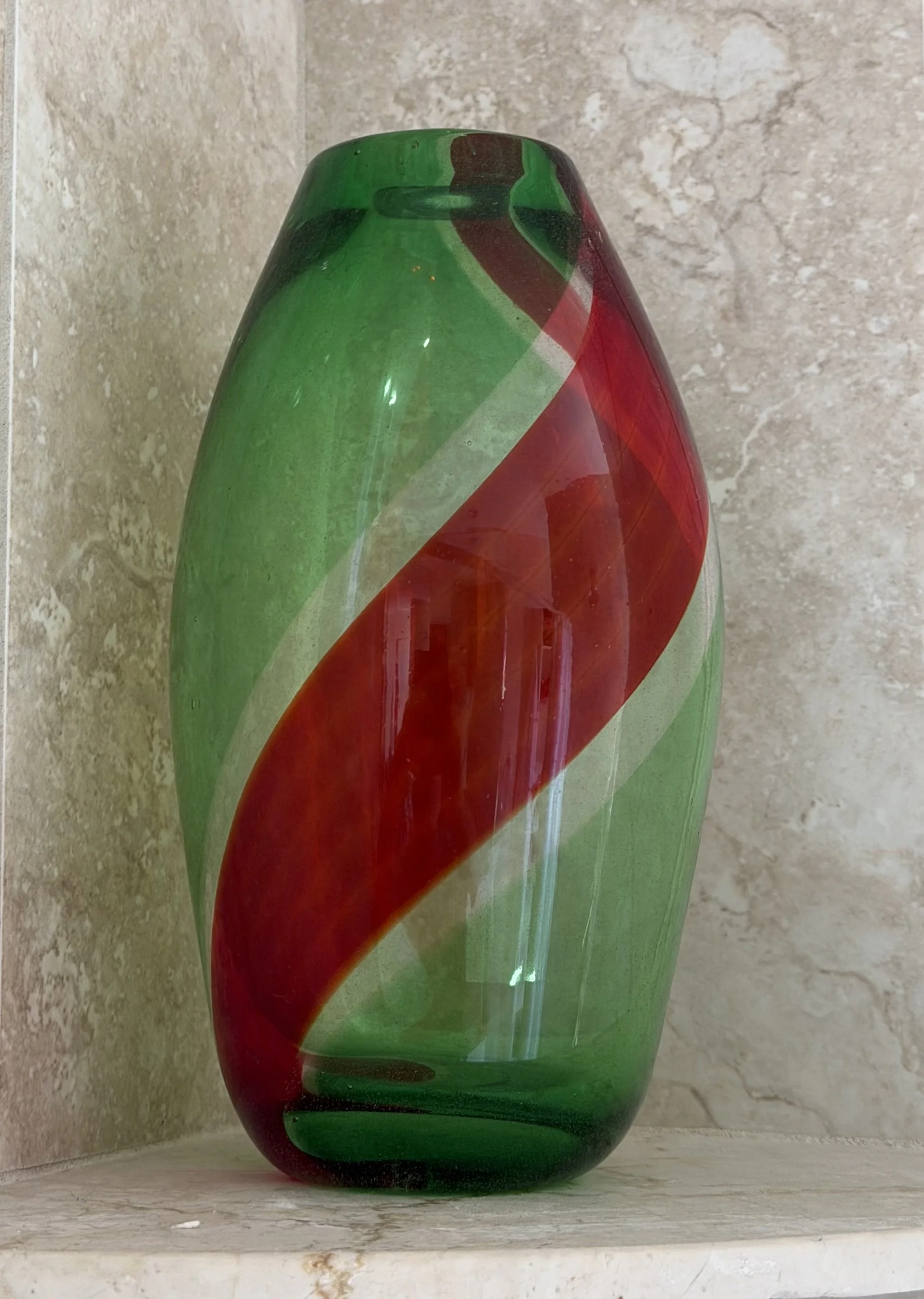Handblown glass vase: Transparent green with red band.