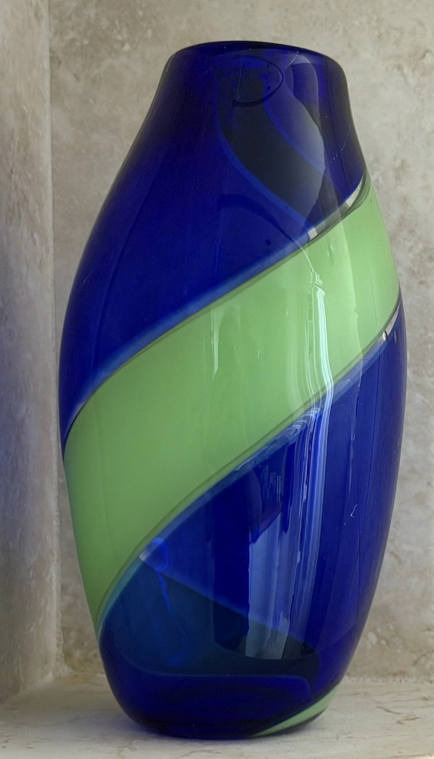 Handblown glass vase, Cobalt blue with large, light green band.