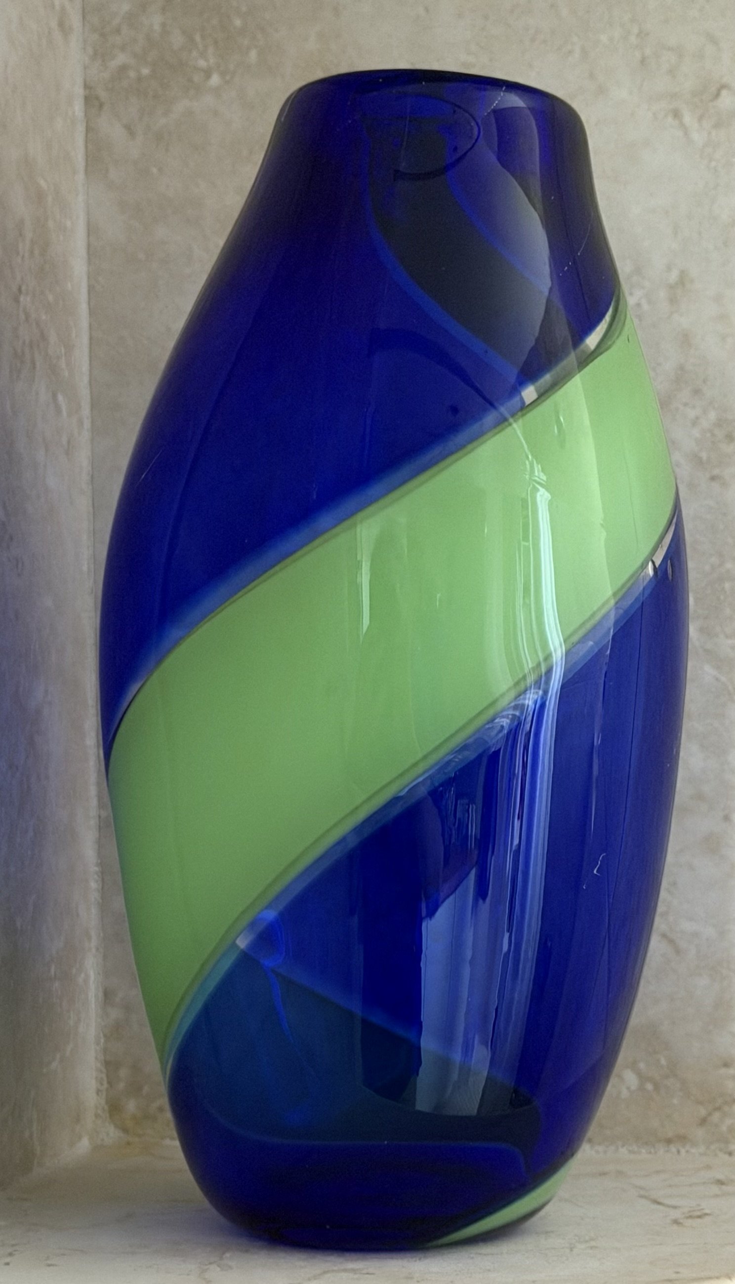 Handblown glass vase: Cobalt blue with large, light green band.