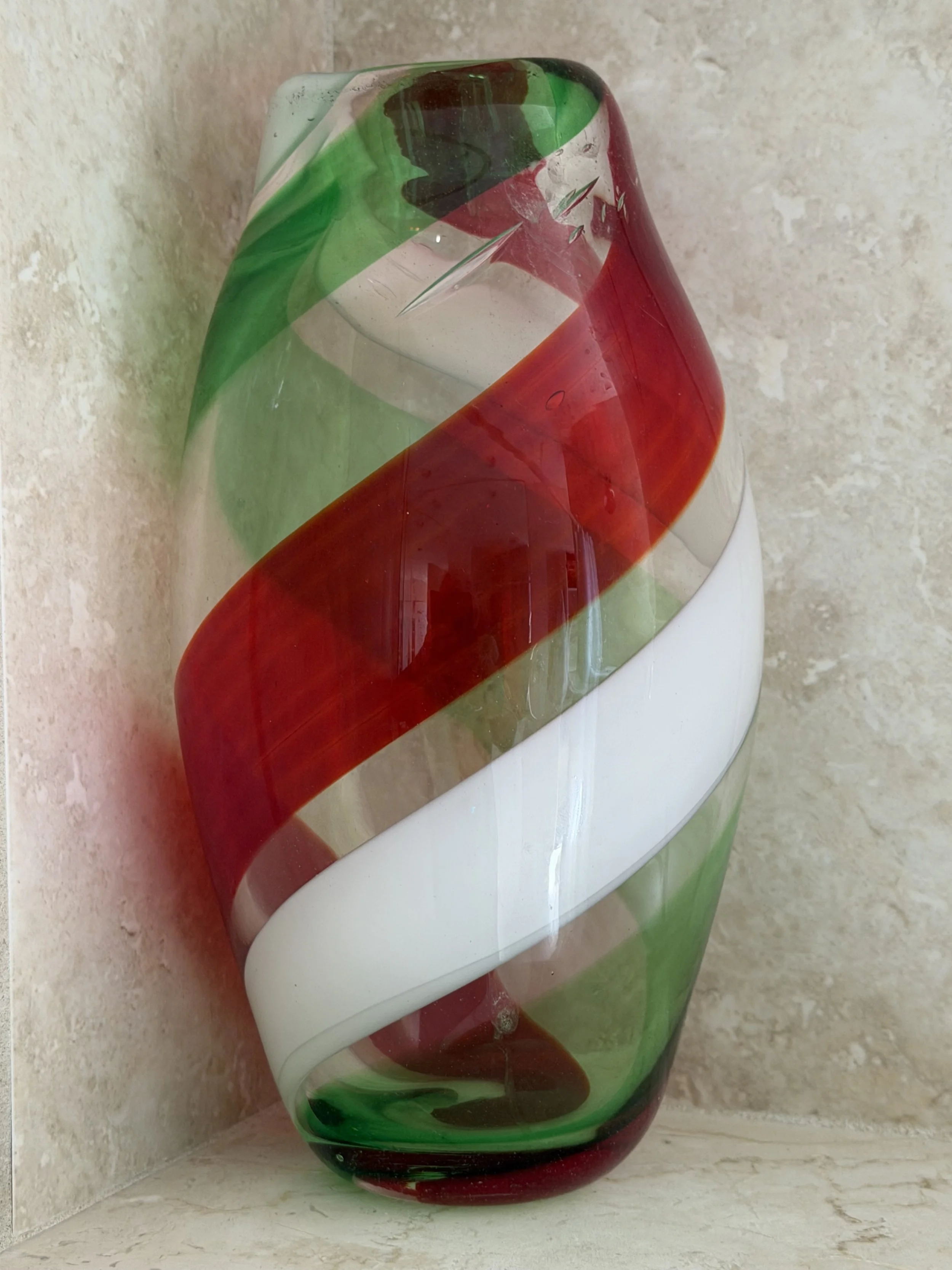 Handblown glass vase: Red, green and white bands.