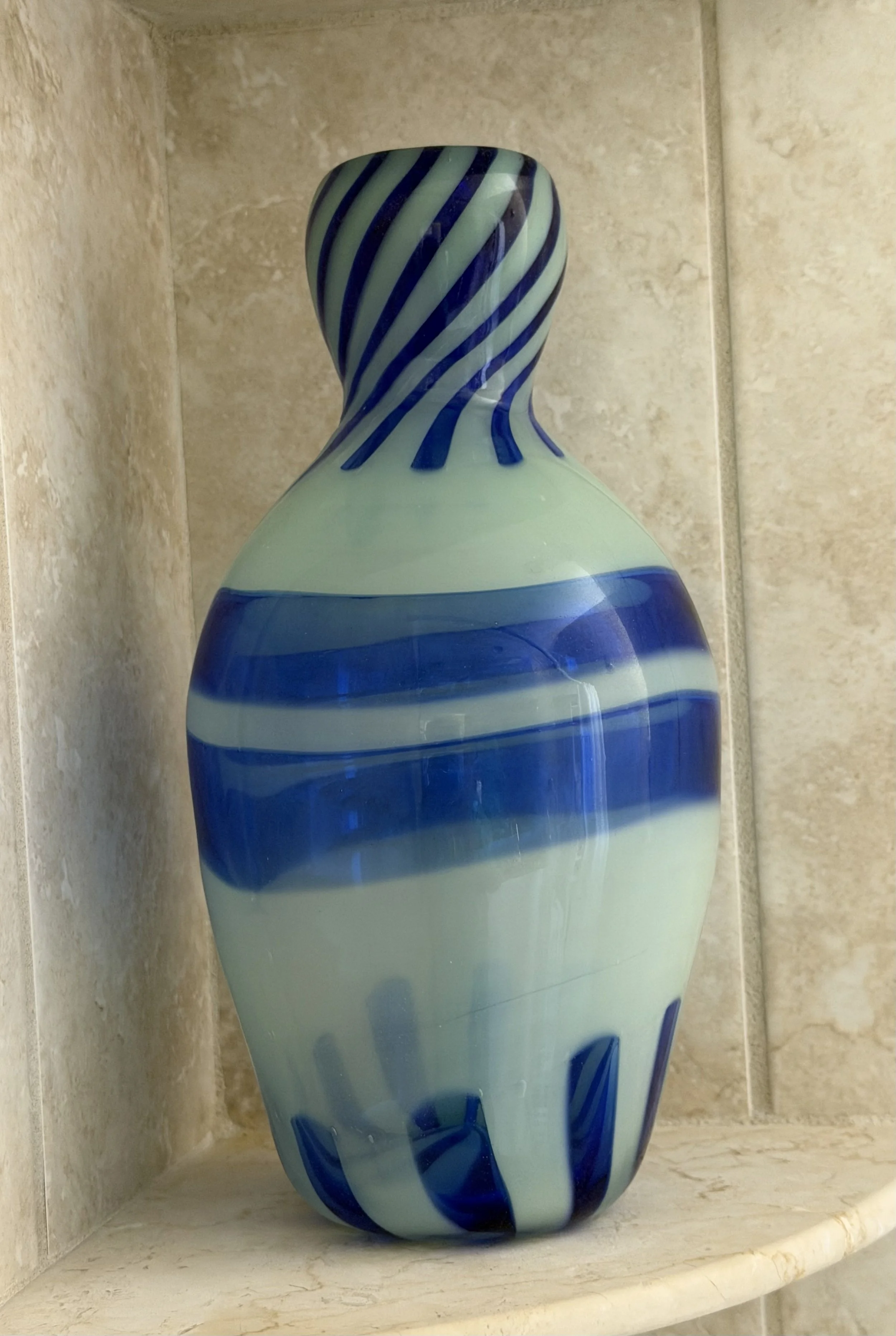 Handblown glass vase, Milky white bottle with blue accents.