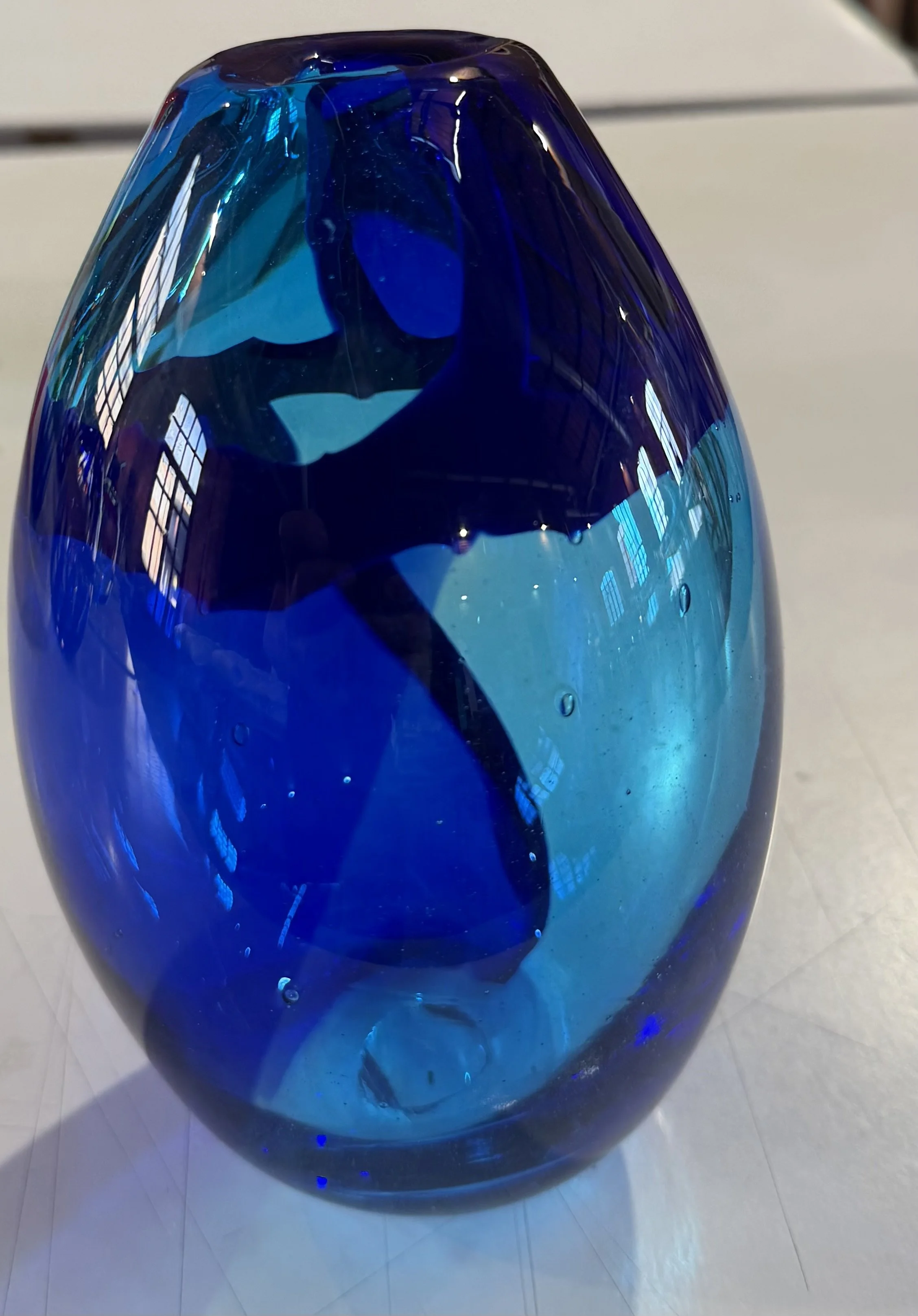 Handblown glass vase, Cobalt blue and aqua with black borders.