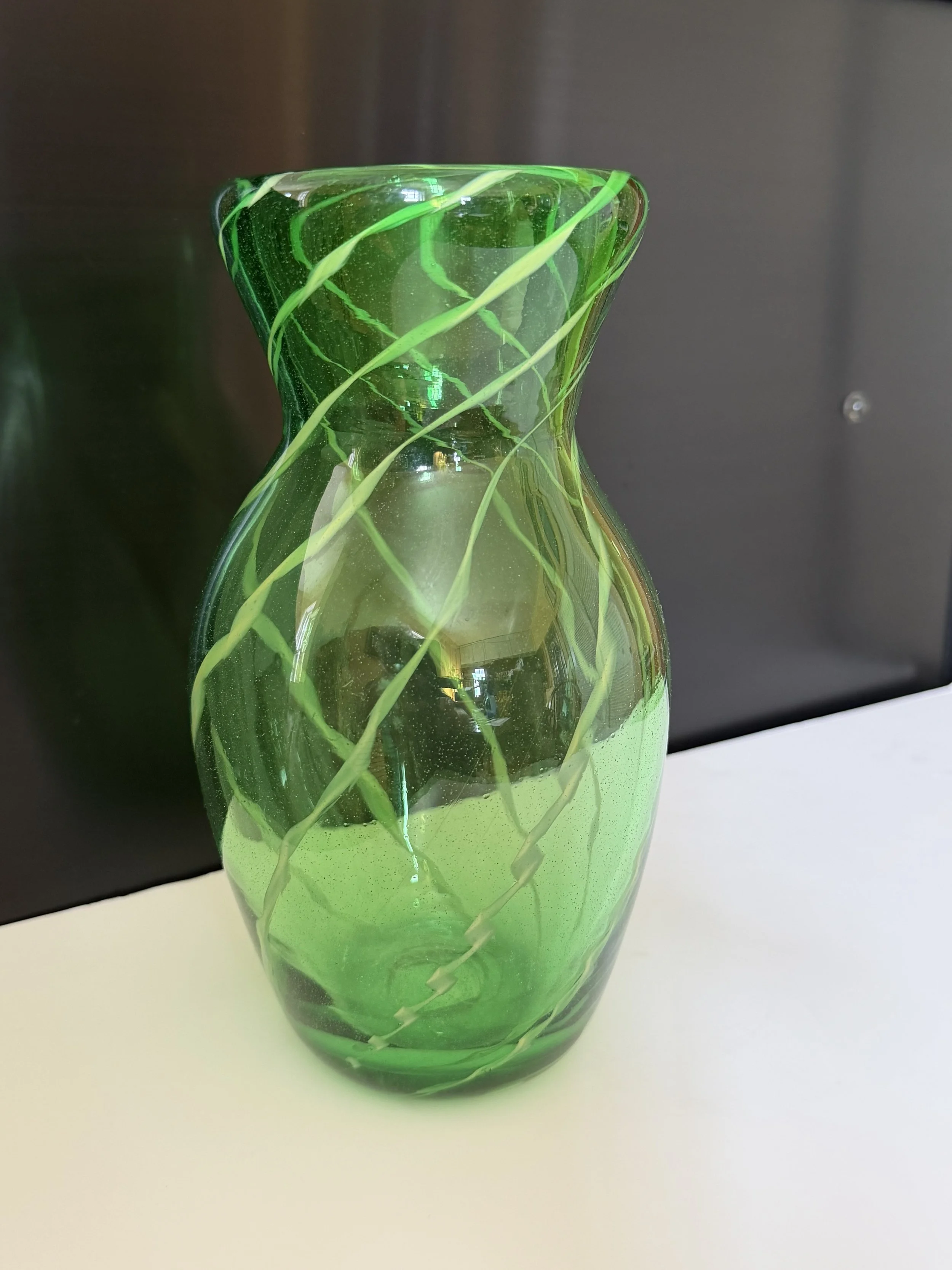 Handblown glass vase: Green with handmade white cane stripes.