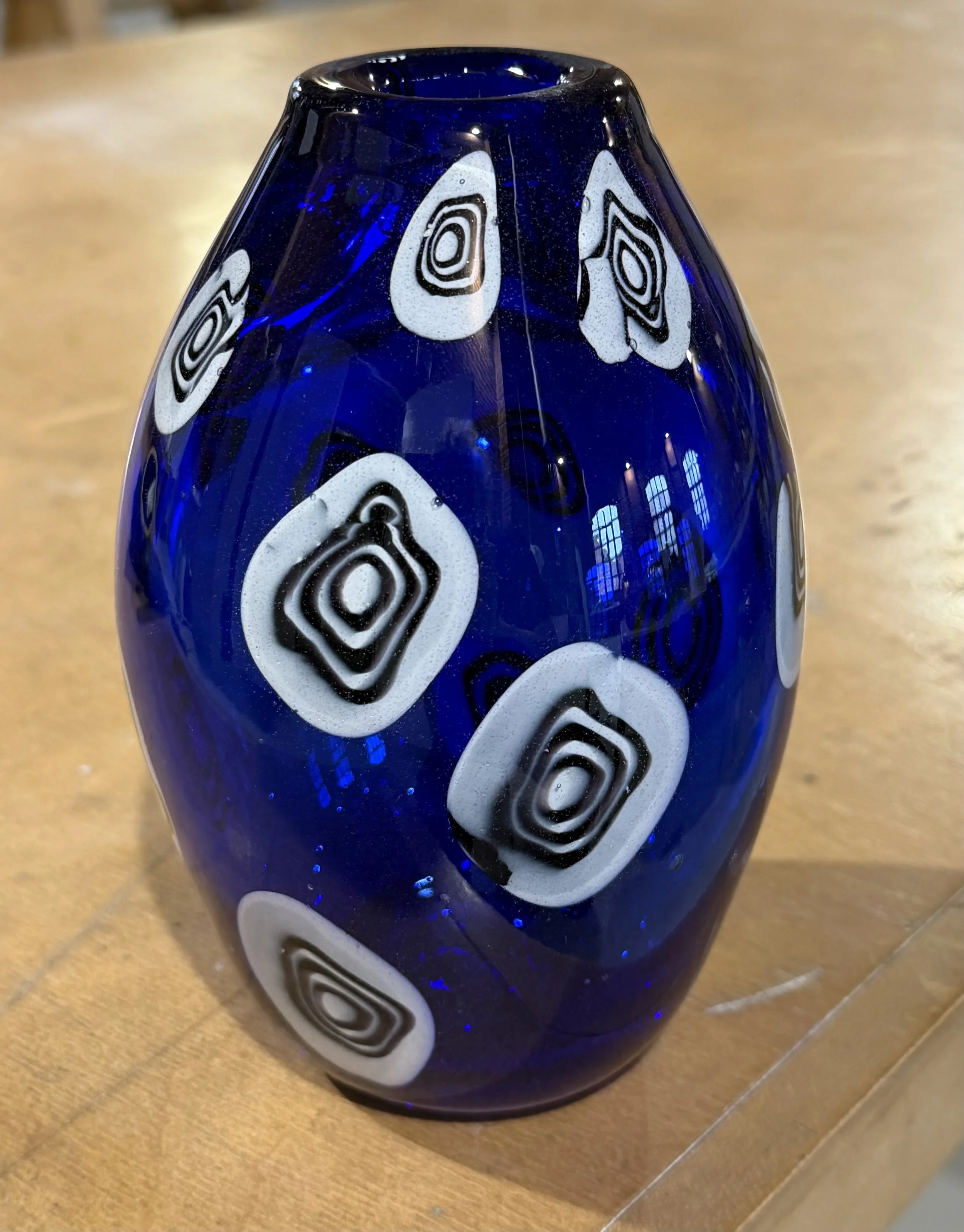 Handblown glass vase, Transparent blue with large, quirky cane chips.