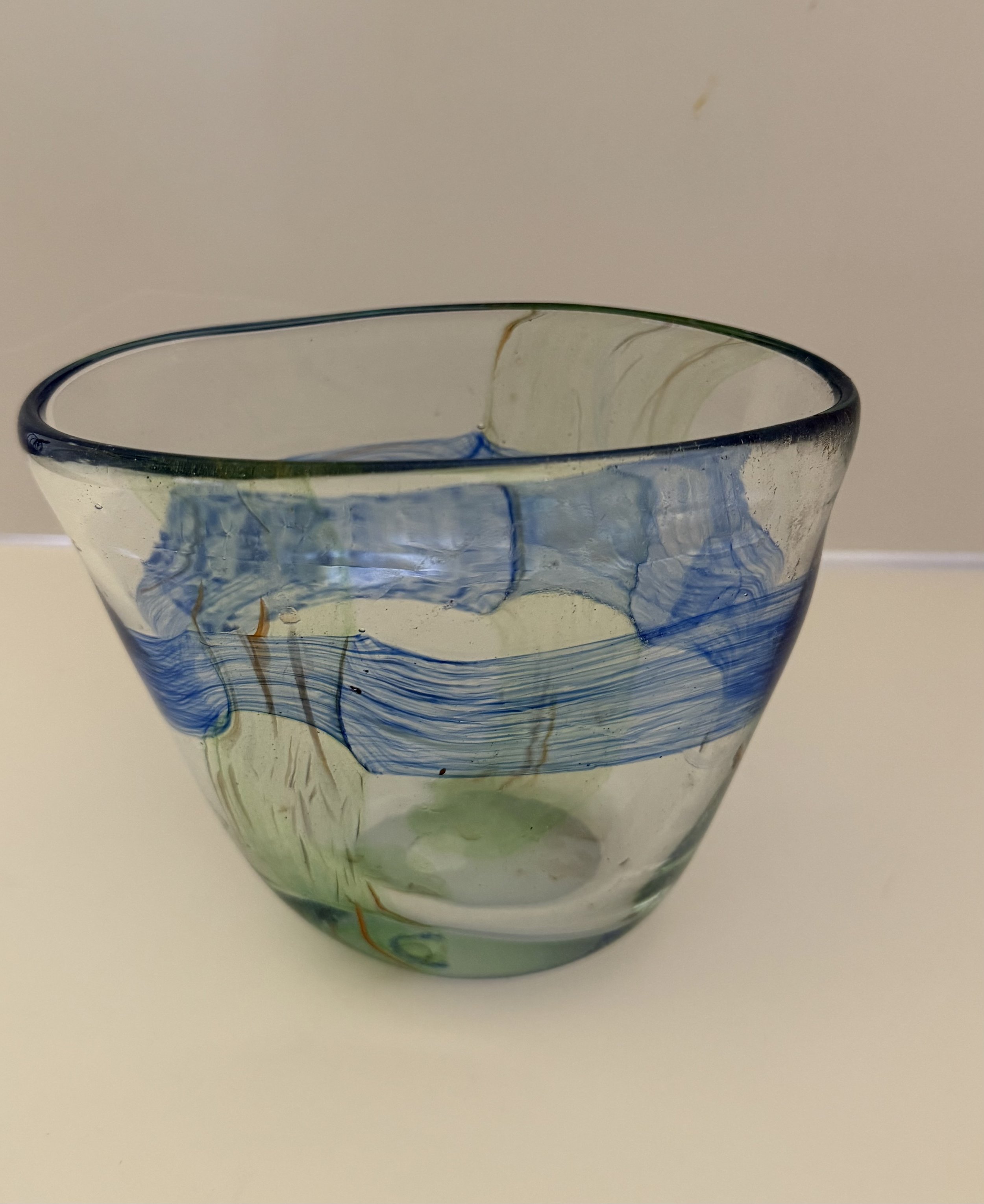 Handblown glass vase, Clear oval with blue and green bands.
